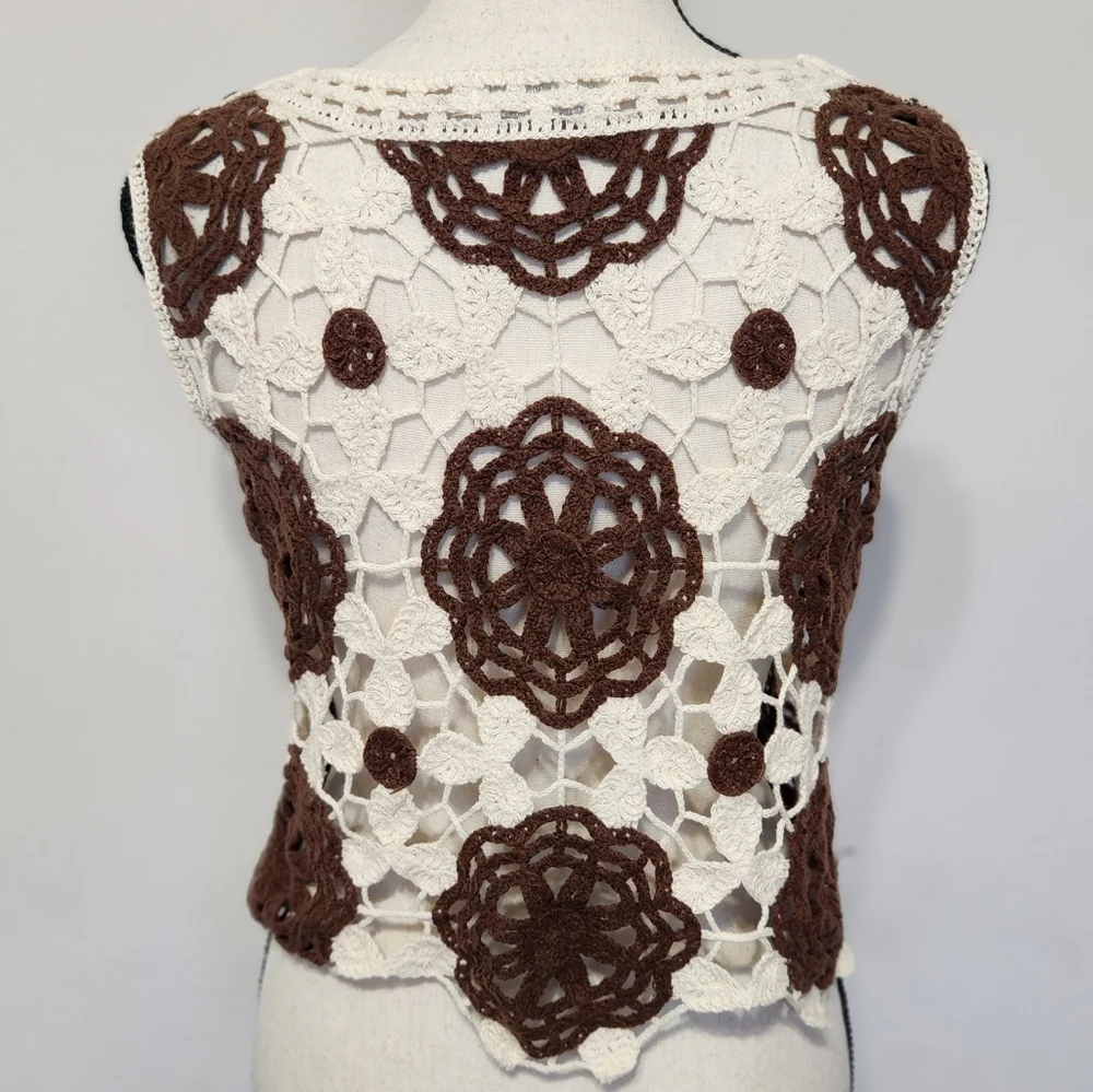 Crochet Sweater Vest Tank Cream Brown Cropped Y2K Boho-chic Grandma Hippie S - Picture 4 of 11